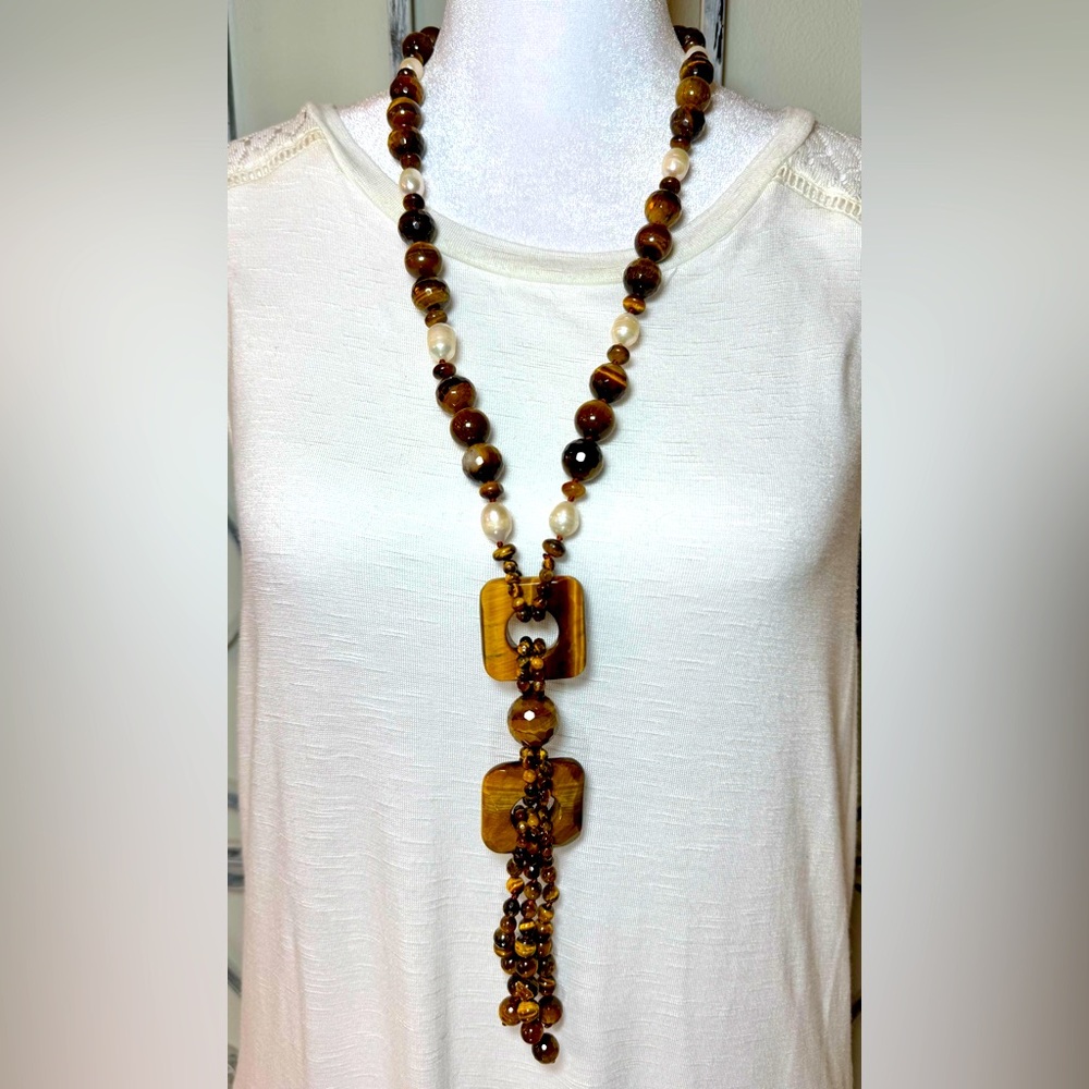 NWT Alexander Kalifano Genuine Pearl & Tiger’s Eye Tassel Long Necklace